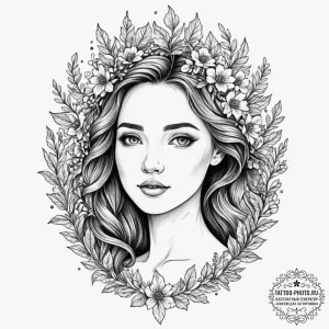 A serene tattoo sketch of the goddess lada, h... - эскиз тату (№1751710407_0, 05.07.2025 10:13) — tattoo-photo.ru