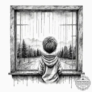 A child looking out a rain-streaked window on... - эскиз тату (№1751711091_0, 05.07.2025 10:24) — tattoo-photo.ru