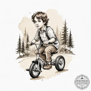 A linework tattoo of danny torrance on his tr... - эскиз тату (№1751713396_0, 05.07.2025 11:03) — tattoo-photo.ru