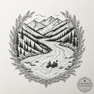 A person white water rafting down a turbulent... - эскиз тату (№1751714167_0, 05.07.2025 11:16) — tattoo-photo.ru