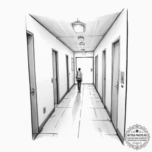 A cinematic shot of a person walking away dow... - эскиз тату (№1751714677_0, 05.07.2025 11:24) — tattoo-photo.ru