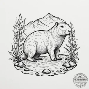 A capybara chilling in a hot spring, ink illu... - эскиз тату (№1751714929_0, 05.07.2025 11:28) — tattoo-photo.ru