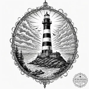 The view from a lighthouse lantern room on a... - эскиз тату (№1751715014_0, 05.07.2025 11:30) — tattoo-photo.ru