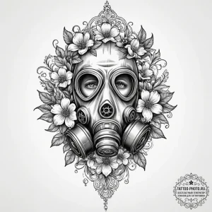 Gas mask with flowers growing through the fil... - эскиз тату (№1751715783_0, 05.07.2025 11:43) — tattoo-photo.ru