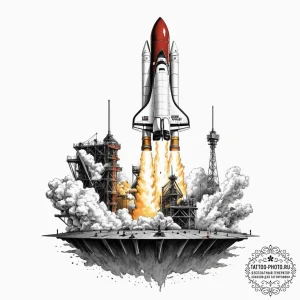A space shuttle on the launchpad, steam billo... - эскиз тату (№1751716457_0, 05.07.2025 11:54) — tattoo-photo.ru