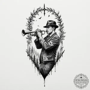 Tattoo design a lone bugle playing taps in a... - эскиз тату (№1751716625_0, 05.07.2025 11:57) — tattoo-photo.ru