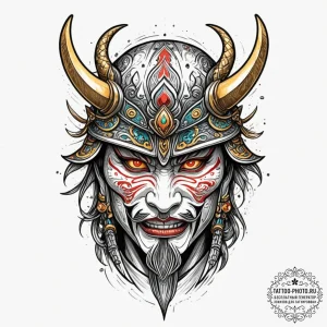 Tattoo design a samurai mask (menpo) with a f... - эскиз тату (№1751722010_0, 05.07.2025 13:26) — tattoo-photo.ru