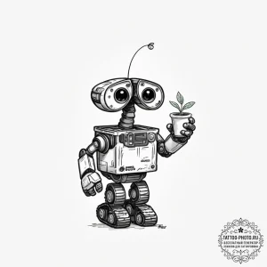 Tiny tattoo design, wall-e, holding a tiny pl... - эскиз тату (№1751730919_0, 05.07.2025 15:55) — tattoo-photo.ru