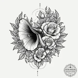 Tiny tattoo design, a tiny gramophone, its ho... - эскиз тату (№1751746929_0, 05.07.2025 20:22) — tattoo-photo.ru
