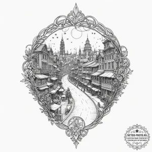 Tattoo design for a leg wrap, a city street,... - эскиз тату (№1751749628_0, 05.07.2025 21:07) — tattoo-photo.ru