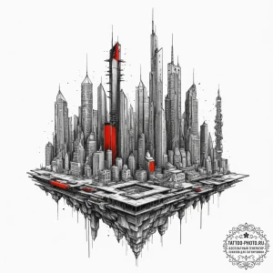 Tattoo design for shoulder, a futuristic city... - эскиз тату (№1751760546_0, 06.07.2025 00:09) — tattoo-photo.ru