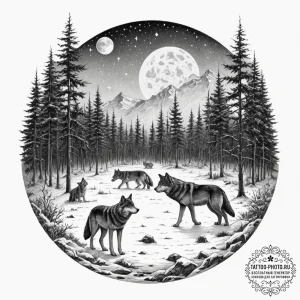 Tattoo design for a thigh, a wolf pack huntin... - эскиз тату (№1751762656_0, 06.07.2025 00:44) — tattoo-photo.ru