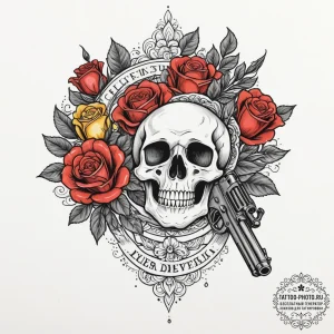 Tiny tattoo design, a gun, but it's shooting... - эскиз тату (№1751764683_0, 06.07.2025 01:18) — tattoo-photo.ru