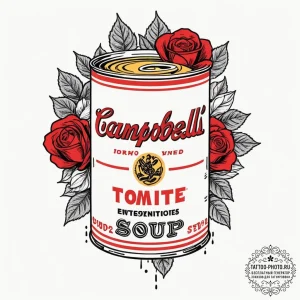 Tattoo design for an arm, a can of campbell's... - эскиз тату (№1751766284_0, 06.07.2025 01:44) — tattoo-photo.ru
