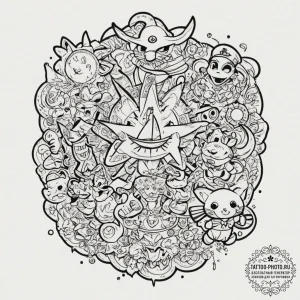 Tattoo design for a thigh, a collage of favor... - эскиз тату (№1751770044_0, 06.07.2025 02:47) — tattoo-photo.ru