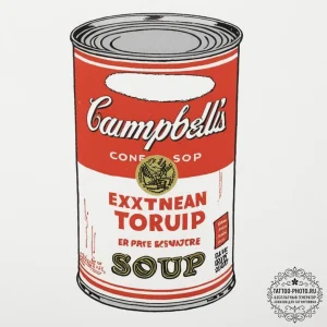 Tattoo design for an arm, a can of campbell's... - эскиз тату (№1751770617_0, 06.07.2025 02:56) — tattoo-photo.ru
