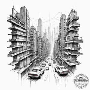Tattoo design for a thigh, a cyberpunk city s... - эскиз тату (№1751774269_0, 06.07.2025 03:57) — tattoo-photo.ru