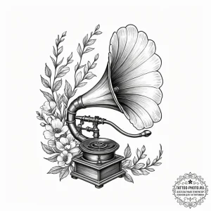 Tiny tattoo design, a tiny gramophone, its ho... - эскиз тату (№1751777419_0, 06.07.2025 04:50) — tattoo-photo.ru
