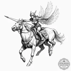 Tattoo design for an arm, a valkyrie, riding... - эскиз тату (№1751777757_0, 06.07.2025 04:55) — tattoo-photo.ru