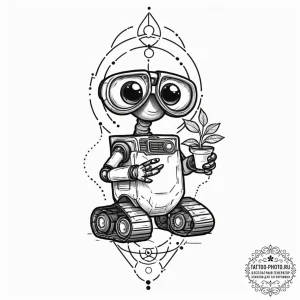 Tiny tattoo design, wall-e, holding a tiny pl... - эскиз тату (№1751779713_0, 06.07.2025 05:28) — tattoo-photo.ru