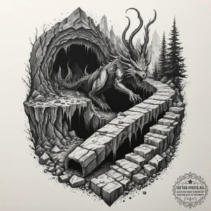 Tattoo design for a leg, a deep mine shaft, s... - эскиз тату (№1751780909_0, 06.07.2025 05:48) — tattoo-photo.ru