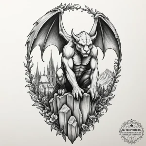 Tattoo design for a calf, a gargoyle, perched... - эскиз тату (№1751784516_0, 06.07.2025 06:48) — tattoo-photo.ru