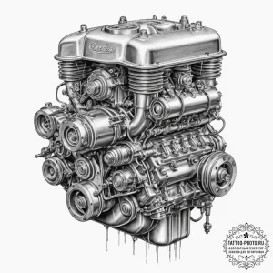 Tattoo design for a calf, an engine block, wi... - эскиз тату (№1751787046_0, 06.07.2025 07:30) — tattoo-photo.ru