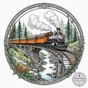 Tattoo design for a leg wrap, a train on a ra... - эскиз тату (№1751788059_0, 06.07.2025 07:47) — tattoo-photo.ru