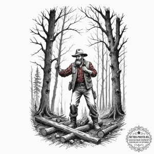 A shot of a lumberjack felling a large tree.,... - эскиз тату (№1751790690_0, 06.07.2025 08:31) — tattoo-photo.ru