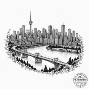 A view of a city skyline from across a river,... - эскиз тату (№1751794204_0, 06.07.2025 09:30) — tattoo-photo.ru