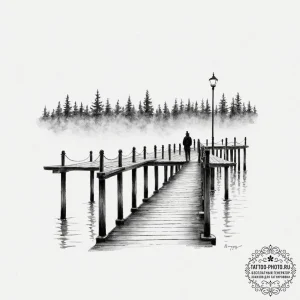 A lone figure standing at the end of a pier o... - эскиз тату (№1751798010_0, 06.07.2025 10:33) — tattoo-photo.ru