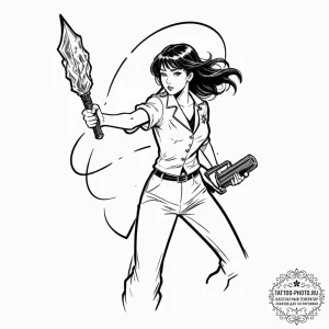 A graphic novel panel of the bride fighting g... - эскиз тату (№1751798092_0, 06.07.2025 10:34) — tattoo-photo.ru