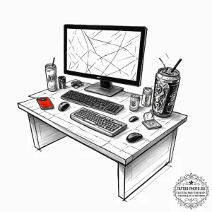 Tattoo sketch a gaming desk with a messy but... - эскиз тату (№1751798263_0, 06.07.2025 10:37) — tattoo-photo.ru