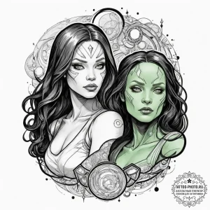 A sketch of gamora and nebula, the two sister... - эскиз тату (№1751800402_0, 06.07.2025 11:13) — tattoo-photo.ru