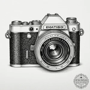 A close-up of a vintage camera lens., ink ill... - эскиз тату (№1751800657_0, 06.07.2025 11:17) — tattoo-photo.ru
