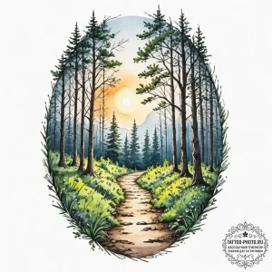 Tattoo design a tranquil forest path leading... - эскиз тату (№1751800742_0, 06.07.2025 11:19) — tattoo-photo.ru