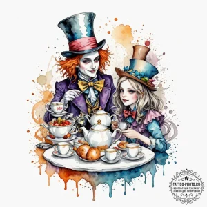 A watercolor tattoo of the mad hatter's tea p... - эскиз тату (№1751801507_0, 06.07.2025 11:31) — tattoo-photo.ru