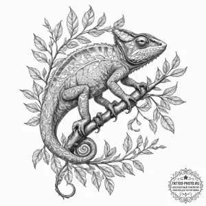 A chameleon perfectly camouflaged on a leafy... - эскиз тату (№1751801850_0, 06.07.2025 11:37) — tattoo-photo.ru