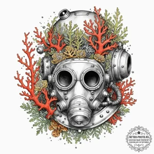 An old diving helmet overgrown with coral, ta... - эскиз тату (№1751802192_0, 06.07.2025 11:43) — tattoo-photo.ru