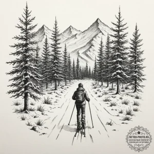 A person cross-country skiing through a silen... - эскиз тату (№1751802708_0, 06.07.2025 11:51) — tattoo-photo.ru