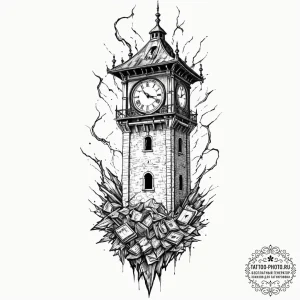 A neo-traditional design of the clock tower,... - эскиз тату (№1751817171_0, 06.07.2025 15:52) — tattoo-photo.ru