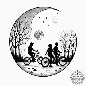 A linework tattoo of the kids on their bikes,... - эскиз тату (№1751818517_0, 06.07.2025 16:15) — tattoo-photo.ru