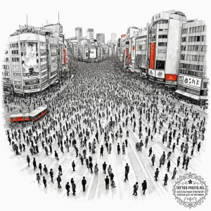 The organized chaos of shibuya crossing in to... - эскиз тату (№1751819106_0, 06.07.2025 16:25) — tattoo-photo.ru