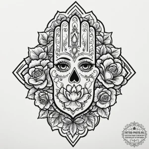 Hamsa, concept art for tattoo, on a clean whi... - эскиз тату (№1751822895_0, 06.07.2025 17:28) — tattoo-photo.ru