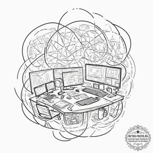 A modern, high-tech command center with multi... - эскиз тату (№1751822979_0, 06.07.2025 17:29) — tattoo-photo.ru