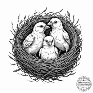 Tattoo sketch a mother bird feeding chicks in... - эскиз тату (№1751825424_0, 06.07.2025 18:10) — tattoo-photo.ru