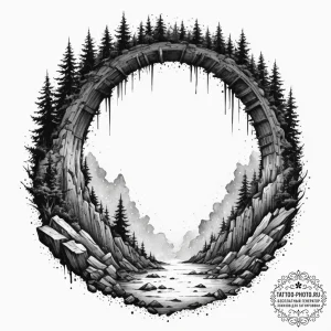 A graphic novel panel of the gate to the upsi... - эскиз тату (№1751826097_0, 06.07.2025 18:21) — tattoo-photo.ru