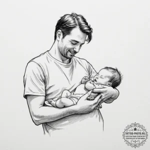 A tired but happy new father holding his slee... - эскиз тату (№1751826768_0, 06.07.2025 18:32) — tattoo-photo.ru
