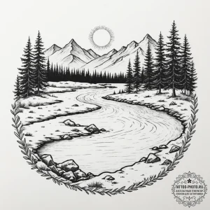 Tattoo design a landscape with a river flowin... - эскиз тату (№1751827199_0, 06.07.2025 18:39) — tattoo-photo.ru