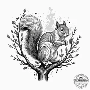 A squirrel mid-leap between two tree branches... - эскиз тату (№1751830069_0, 06.07.2025 19:27) — tattoo-photo.ru